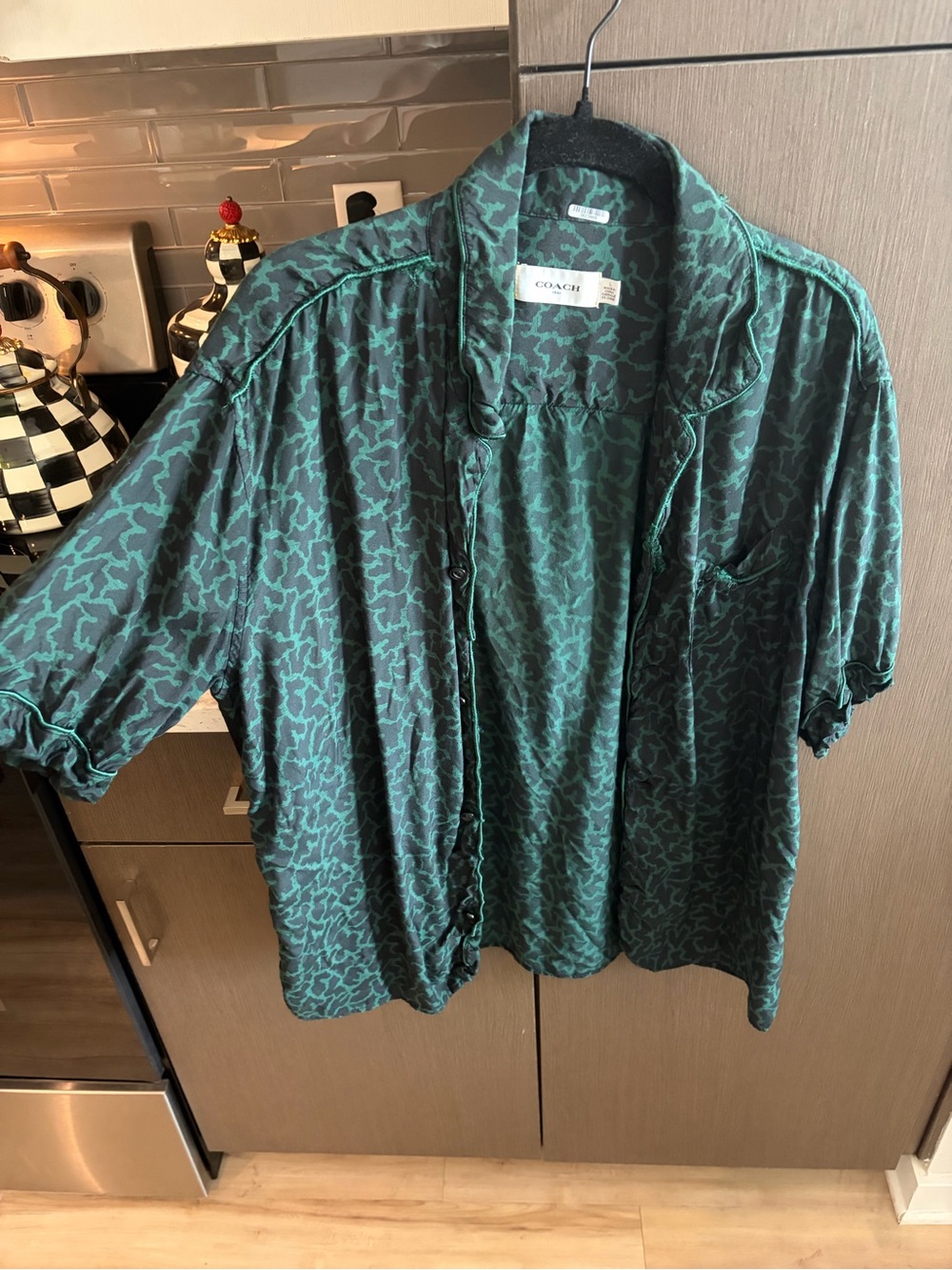 Coach Teal and Black Patterned Short-Sleeve Button-Up Shirt